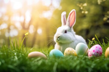 Easter bunny in the grass with easter eggs. Generative AI