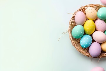 Naklejka na ściany i meble A basket of colorful easter eggs on a table. Generative AI