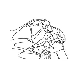 One continuous line drawing of a mechanic is repairing the car. Automotive design concept with simple linear style. Automotive vector design illustration concept.