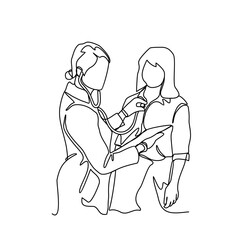 One continuous line drawing of a doctor is examining patient in the clinic or hospital. Health design concept with simple linear style. Health themes vector design illustration concept.