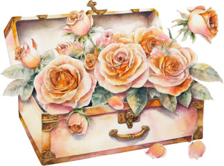 vintage roses in treasure chest box watercolor
