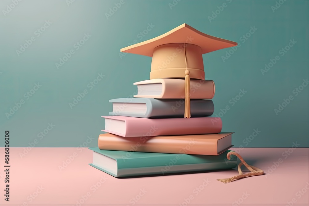 Poster colorful stack of books with a red umbrella resting on top. generative ai