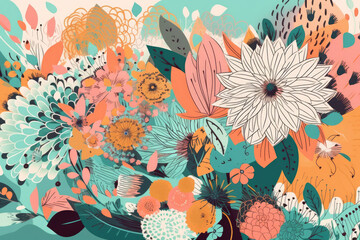 Modern flower design with pink, orange, cyan flowers, floral patterns, hand drawn textures, generative AI