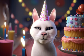 Fototapeta na wymiar Generative AI. A portrait of a White cat at its birthday party, donning a festive hat and accompanied by a whimsical cake with candles