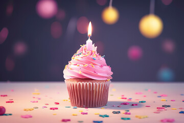 Generative AI. Birthday - Cupcake With Candle And Pink Decoration