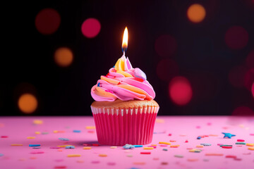 Generative AI. Birthday - Cupcake With Candle And Pink Decoration