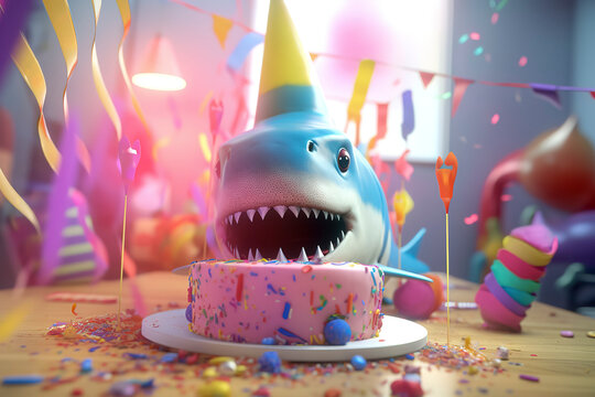 Generative AI. A portrait of a shark at its birthday party, donning a festive hat and accompanied by a whimsical cake with candles