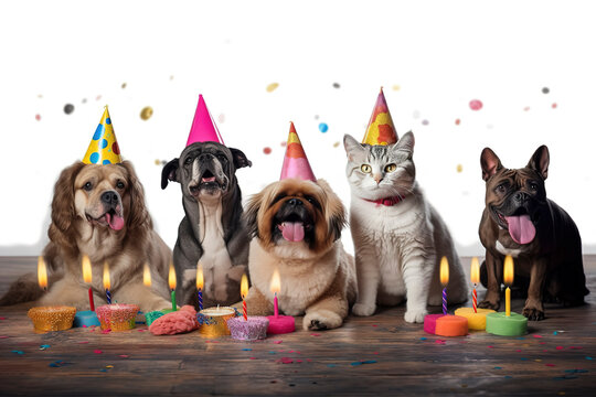 Generative AI. adorable team of birthday pets of different breeds, pets on birthday party