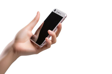 Hand holding smartphone with blank screen, isolated on transparent background. PNG. digital art