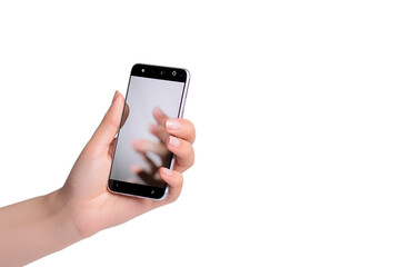 Hand holding smartphone with blank screen, isolated on transparent background. PNG. digital art