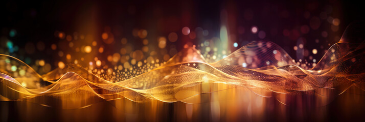 Abstract luxury background with wave and particle. Modern abstract banner. Christmas red and gold light shine particles bokeh on dark background. Red and gold texture. Holiday concept. digital ai