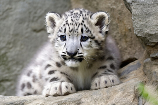 Cute snow leopard cub. Snow leopard baby portrait. digital ai art