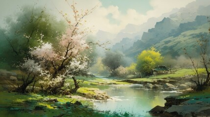 Beautiful watercolor landscape. Created wth Generated AI technology.