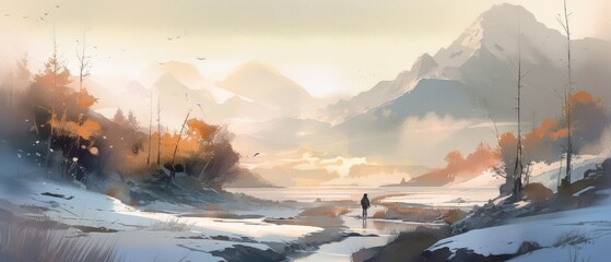 Beautiful watercolor winter landscape. Created wth Generated AI technology.