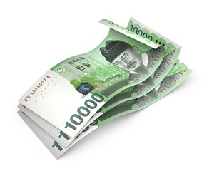 3d South Korean won currency in 10 000 won value, front and back side money concept