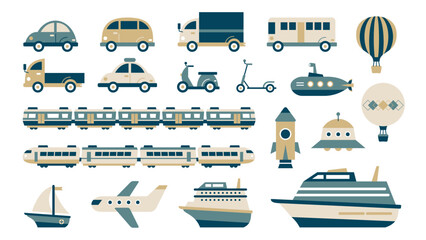 乗り物のイラストセット レトロ＆フラット（緑）