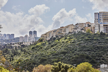 Fototapeta na wymiar New and old buildings in the city of Haifa in the greenery on the slope of the ravine, in the spring