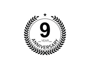 9 years anniversary logo template isolated on white, black and white background. 9th anniversary logo.