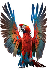Fototapeta premium a jungle-themed photographic illustration of a blue green and orange macaw parrot in mid-flight on a transparent background in PNG. 