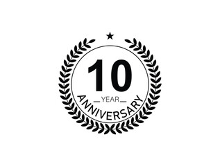 10 years anniversary logo template isolated on white, black and white background. 10th anniversary logo.