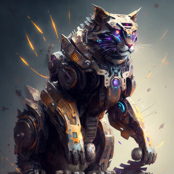 Cyborg cat in the night, generate ai 