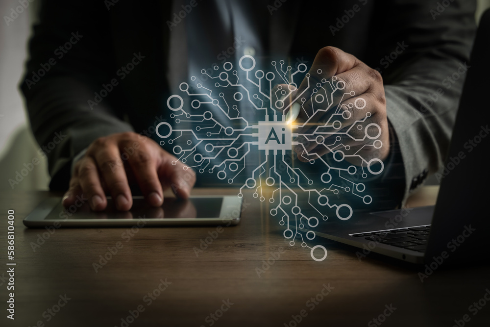 Poster artificial intelligence (ai) businessman hand working computer big data network connection internet 