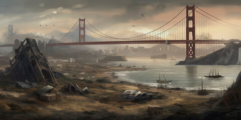 Obraz premium illustration of A post-apocalyptic view of San Francisco with a focus on the iconic Golden Gate bridge. Generative AI