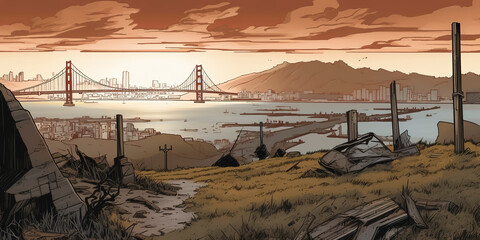 illustration of A post-apocalyptic view of San Francisco with a focus on the iconic Golden Gate bridge. Generative AI
