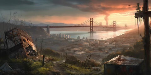 illustration of A post-apocalyptic view of San Francisco with a focus on the iconic Golden Gate bridge. Generative AI