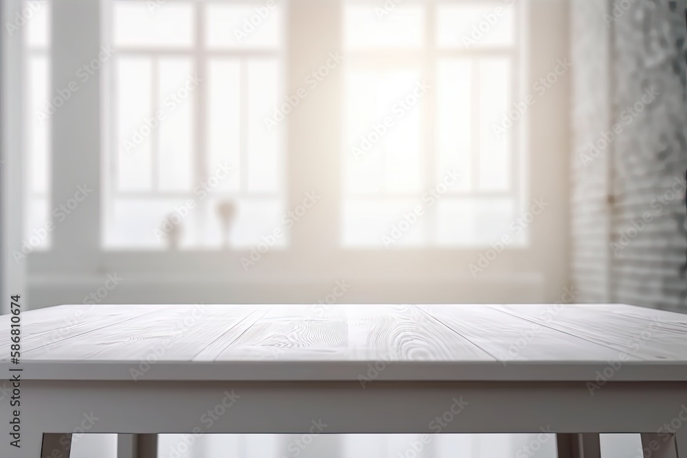 Poster minimalistic white table set against a rustic brick wall. generative ai