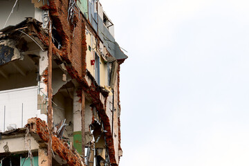 dismantled old building. Half demolished house, dismantling of the old one for the construction of...