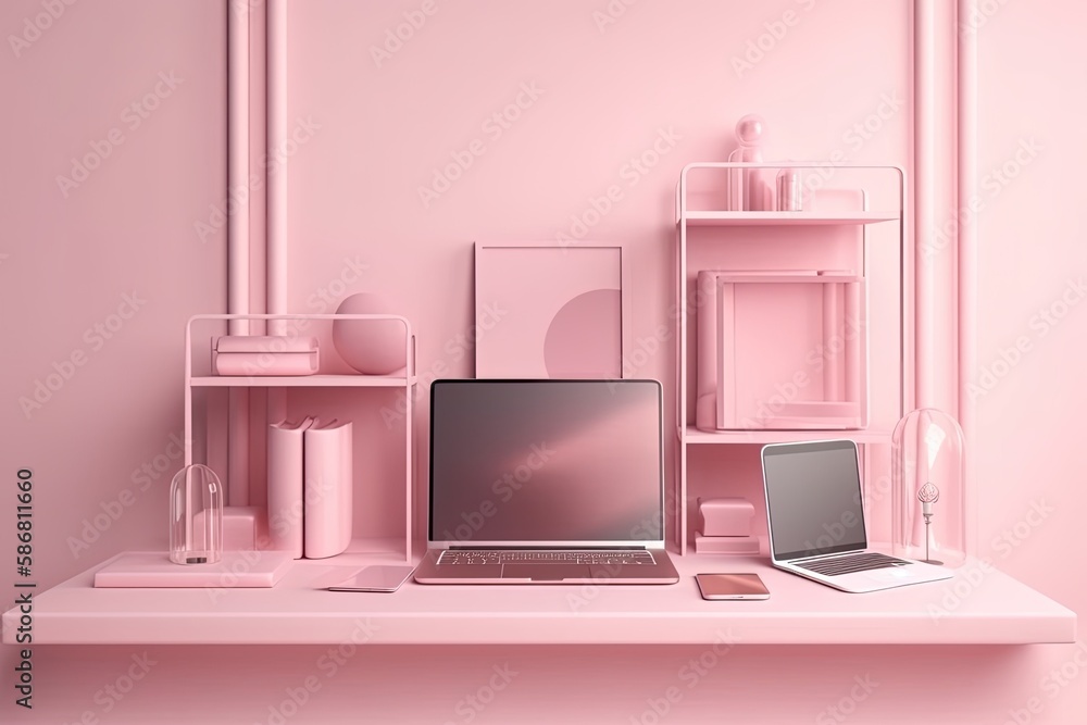 Aufkleber pink shelf with a laptop computer placed on top. generative ai