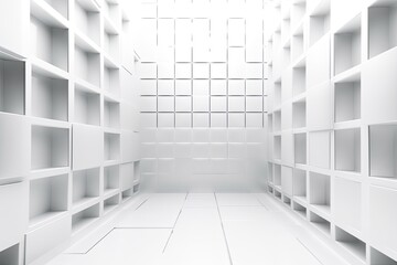 minimalist white room with shelves. Generative AI
