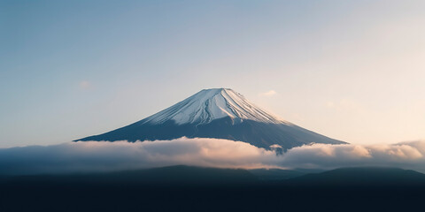 Mount Fuji enshrouded in clouds with clear sky from lake kawaguchi, Yamanashi, Japan. Generative AI