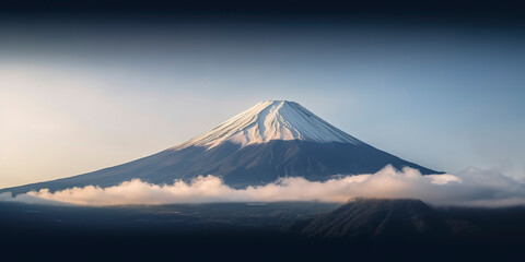 Fototapeta premium Mount Fuji enshrouded in clouds with clear sky from lake kawaguchi, Yamanashi, Japan. Generative AI