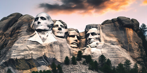 mount Rushmore national memorial at sunset. Generative AI