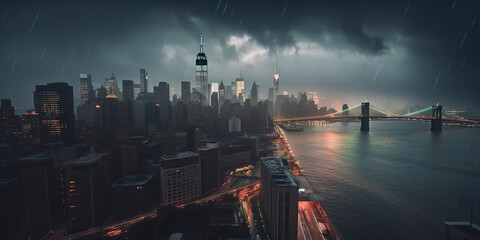 Fototapeta na wymiar New York city under rainstorm photography. Generative AI