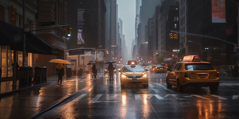 New York city under rainstorm photography. Generative AI