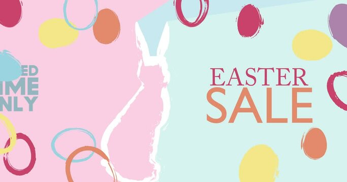 Easter Sale video with big rabbit and colorful eggs. Elegant Holiday offer design. Discount with painted bunny and egg.