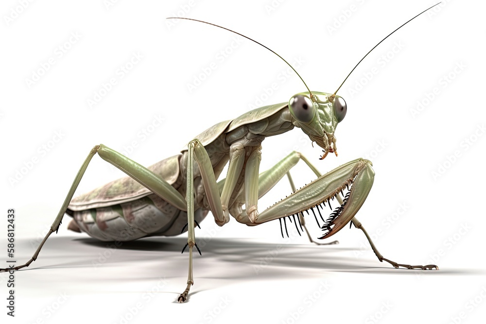 Poster close-up view of a praying mantis on a white background. generative ai