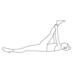 Line art of woman lying on the floor lifting one leg and pulling toward her chest vector.