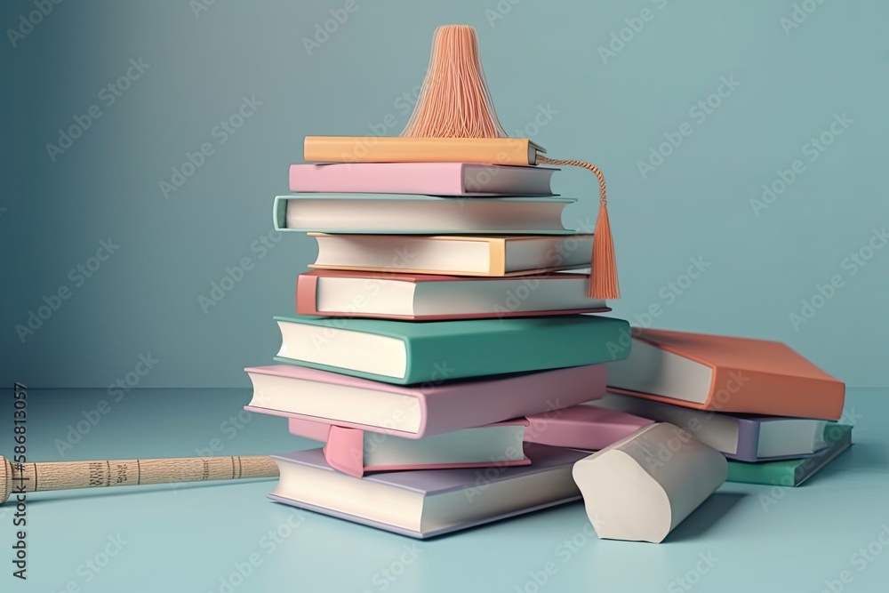 Poster stack of books with a graduation cap tassel on top. generative ai