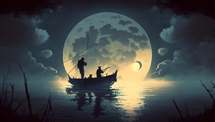 silhouette of fishermen with fishing rod on boat and big moon on background, illustration painting, Generative AI