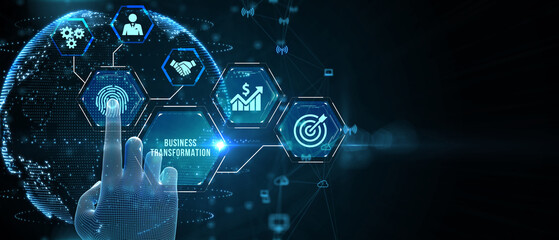 Business, technology, internet and network concept. Virtual screen of the future and sees the inscription: Business transformation.          3d illustration
