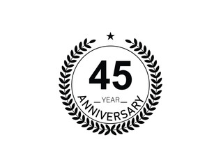 45 years anniversary logo template isolated on white, black and white background. 45th anniversary logo.