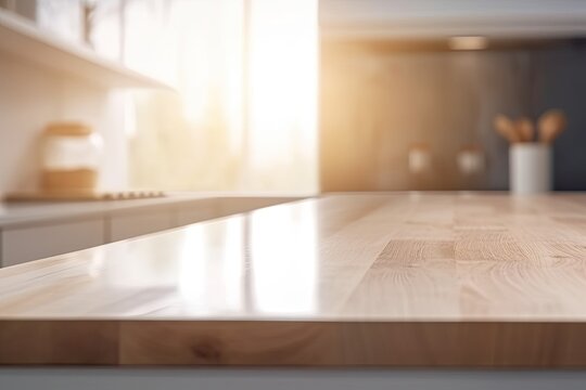 wooden kitchen table with a blurred background. Generative AI