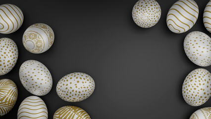 Fototapeta premium Easter Eggs isolated on black background, golden colour pattern easter eggs with copy space