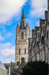 Famous belfort tower, the tallest belfry in Belgium. Ghent architecture 