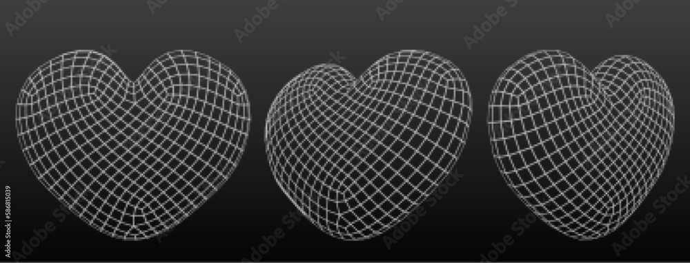 Poster 3d wireframe heart shape. digital geometric grid icon of love, health and valentines day. abstract o