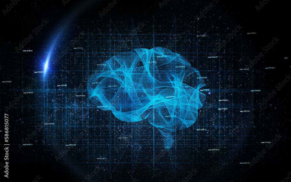 Aufkleber brain map hologram, ai generated and digital graphic of intelligence and neuroscience in studio. iso